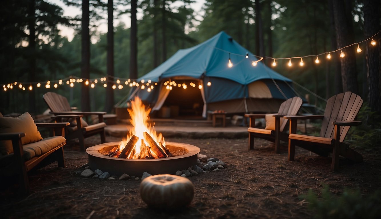 A cozy campfire surrounded by luxurious tents in a serene Michigan forest, with twinkling string lights and comfortable seating for a perfect glamping getaway