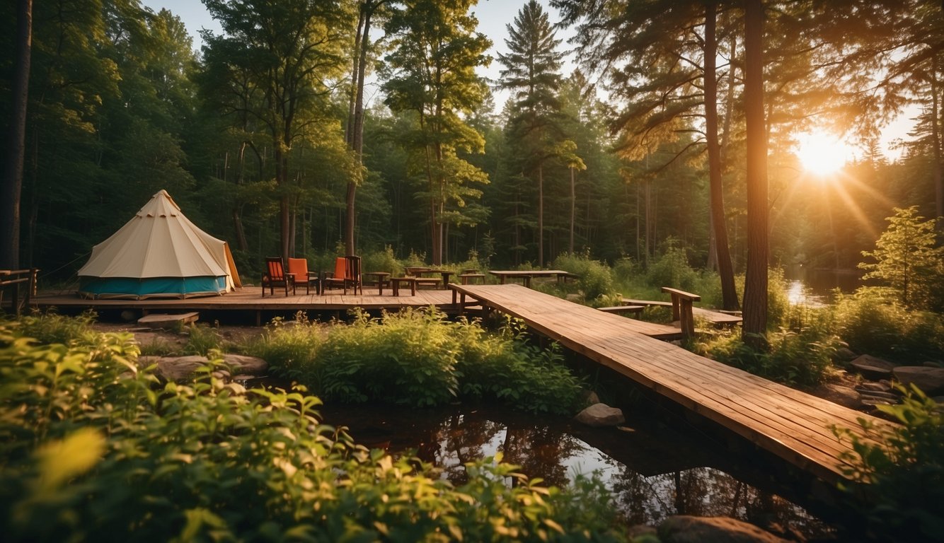 Lush forest surrounds a cozy glamping site in Michigan. A nearby lake reflects the vibrant colors of the sunset, while a hiking trail beckons adventurous visitors