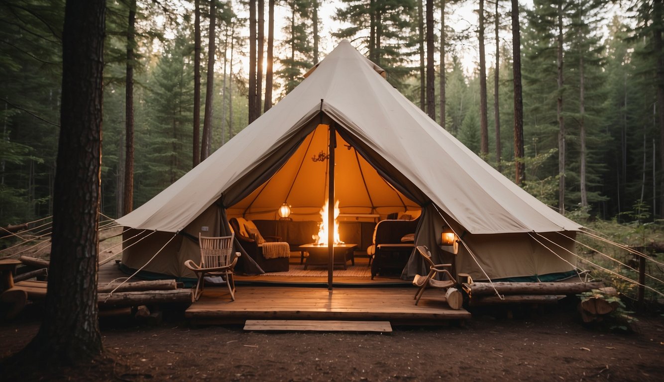 A cozy glamping tent nestled in the Michigan wilderness, surrounded by towering trees and a crackling campfire