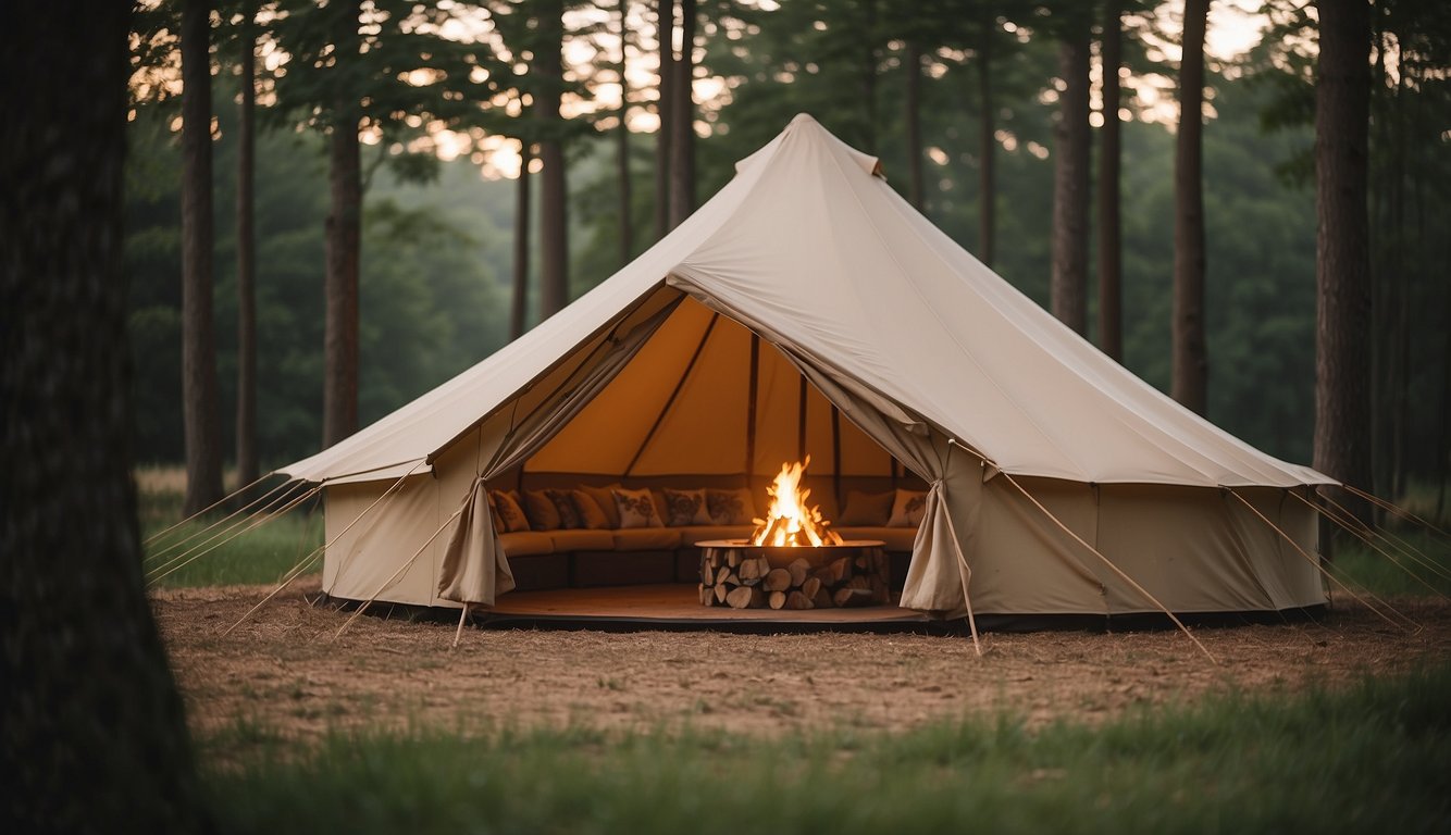 A luxurious glamping tent nestled in the serene Maryland countryside, surrounded by tall trees and a crackling campfire