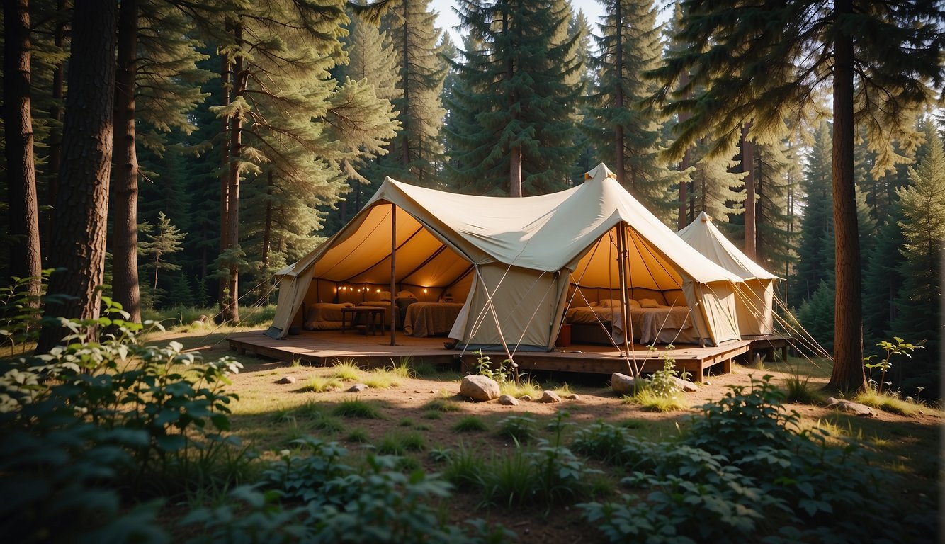 Lush forest with a cozy glamping tent nestled among tall trees, a winding river, and a clear blue sky