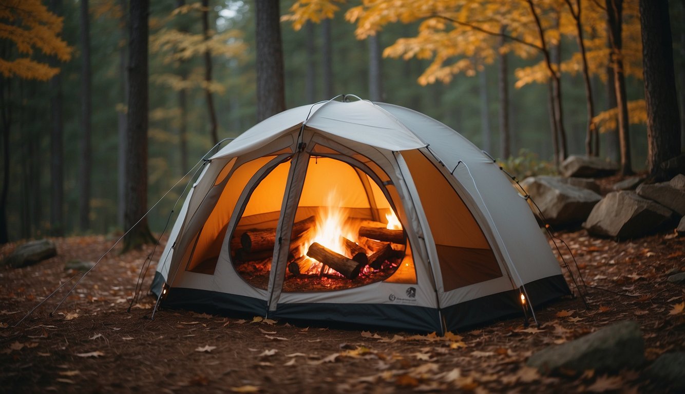 A cozy tent nestled among colorful fall foliage, with a crackling campfire and twinkling string lights, surrounded by the peaceful Maryland wilderness