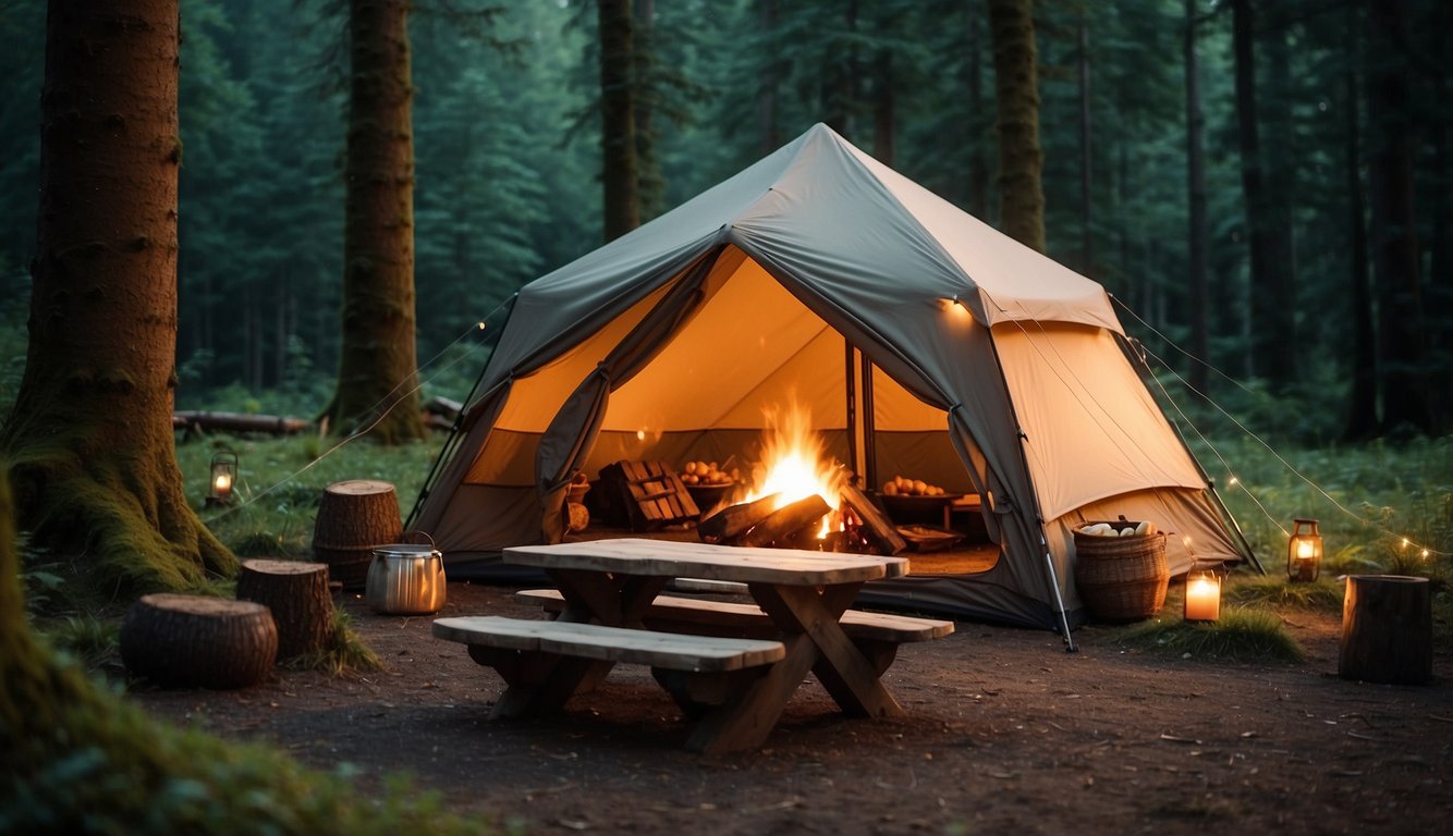 A cozy tent nestled in a lush forest clearing, with a crackling campfire and twinkling string lights. A picnic table set with gourmet snacks and a map of the surrounding area