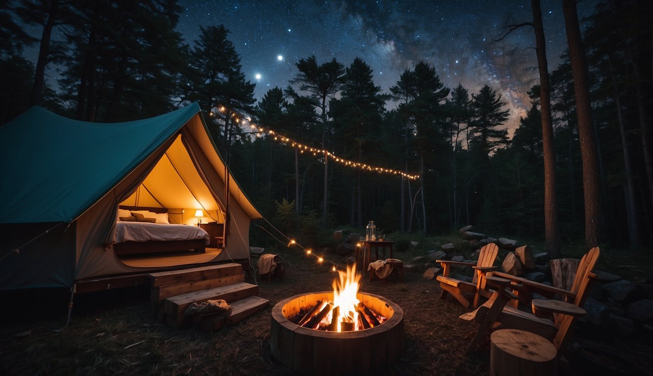 A cozy glamping tent nestled in a scenic Maryland forest, with a crackling campfire and a starry night sky above