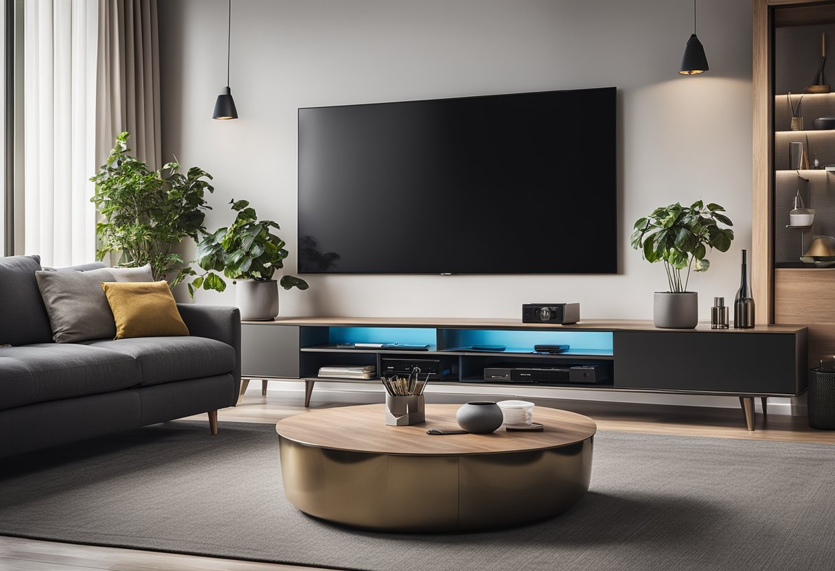 A modern living room with a sleek TV unit and a large flat-screen TV displaying an IPTV service with various channels and on-demand content