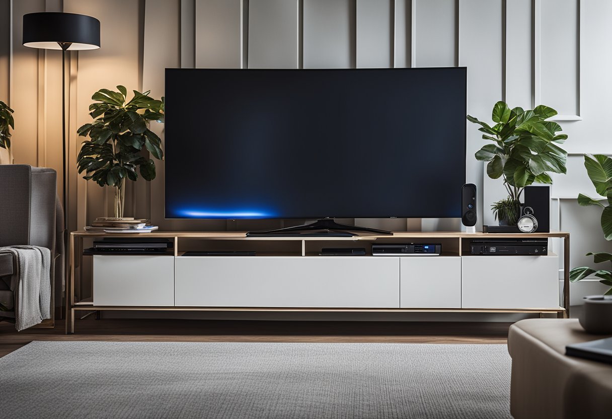 A sleek, modern television set connected to a high-speed internet router, with various streaming devices and cables neatly organized nearby
