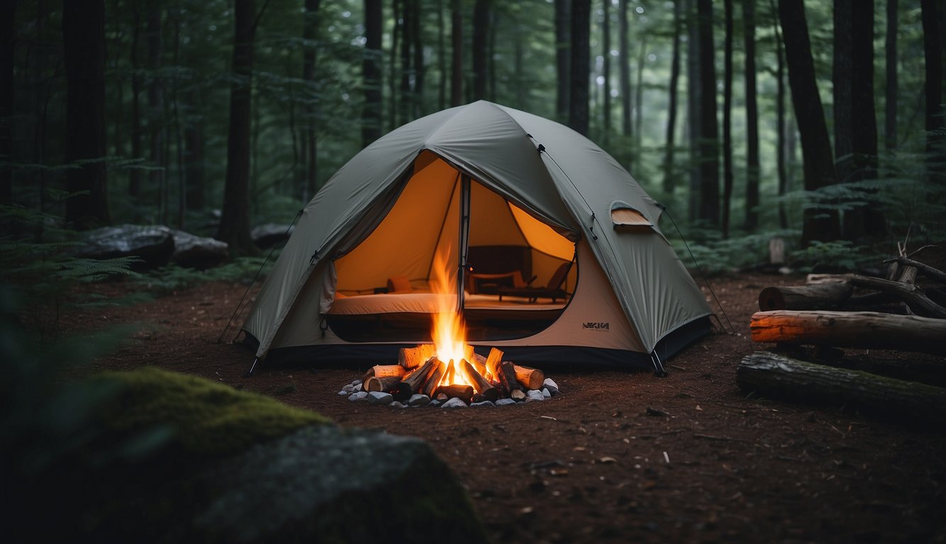 A luxurious tent nestled in the Virginia wilderness, surrounded by tall trees and a crackling campfire