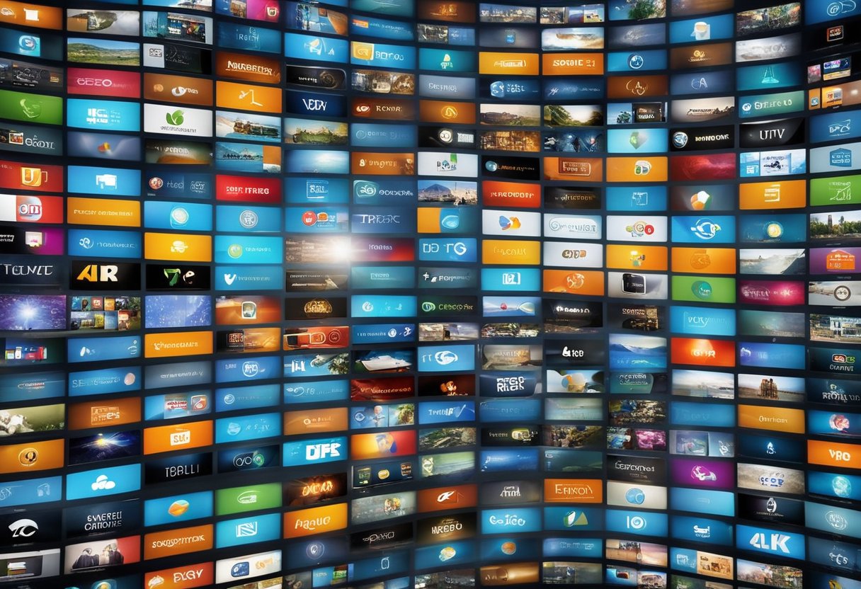 A variety of IPTV services displayed on a digital screen with icons representing different channels and content options