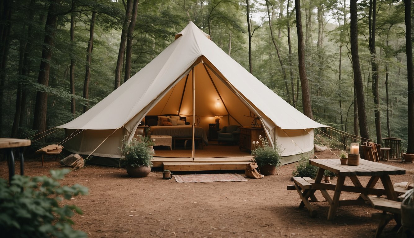 A luxurious glamping site in Virginia, with spacious tents, cozy furnishings, and modern amenities nestled in a picturesque natural setting