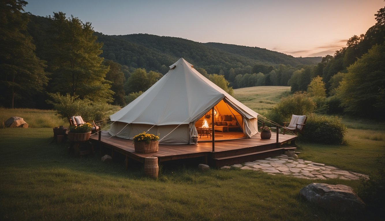 A cozy glamping site nestled in the Virginia countryside, with luxurious tents, a crackling campfire, and stunning views of the surrounding natural beauty