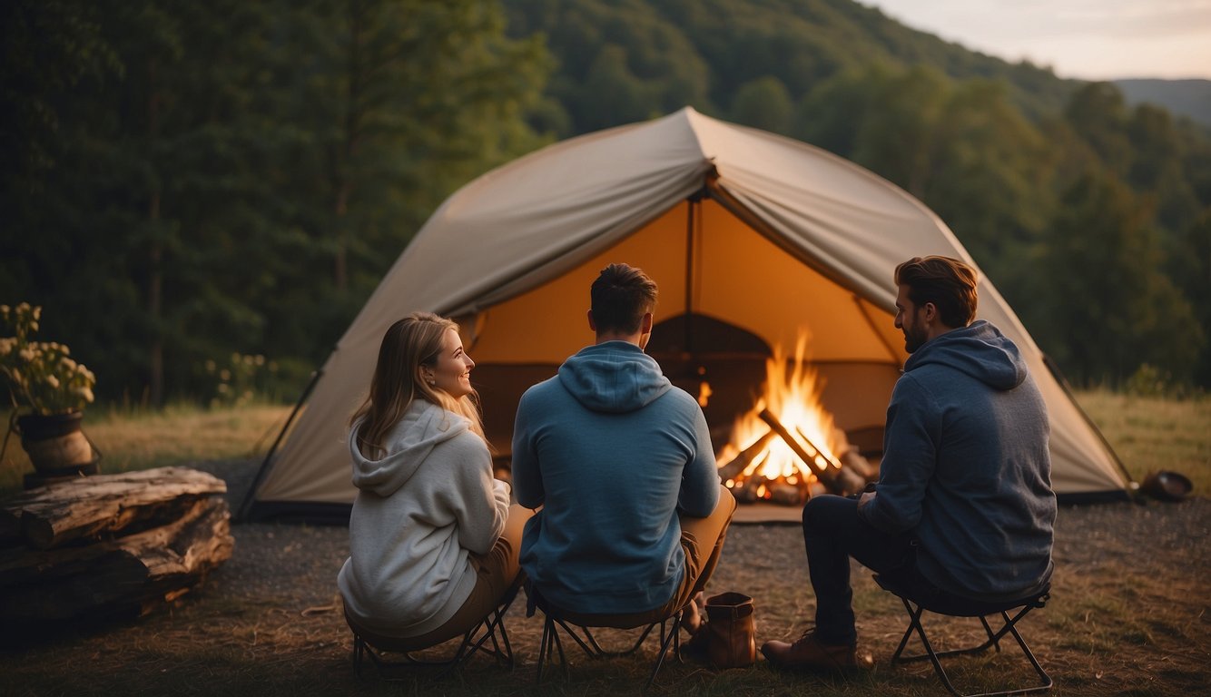 A couple sits at a cozy campfire, surrounded by luxurious tents in a scenic Virginia glamping site. They consult a map and plan their outdoor activities