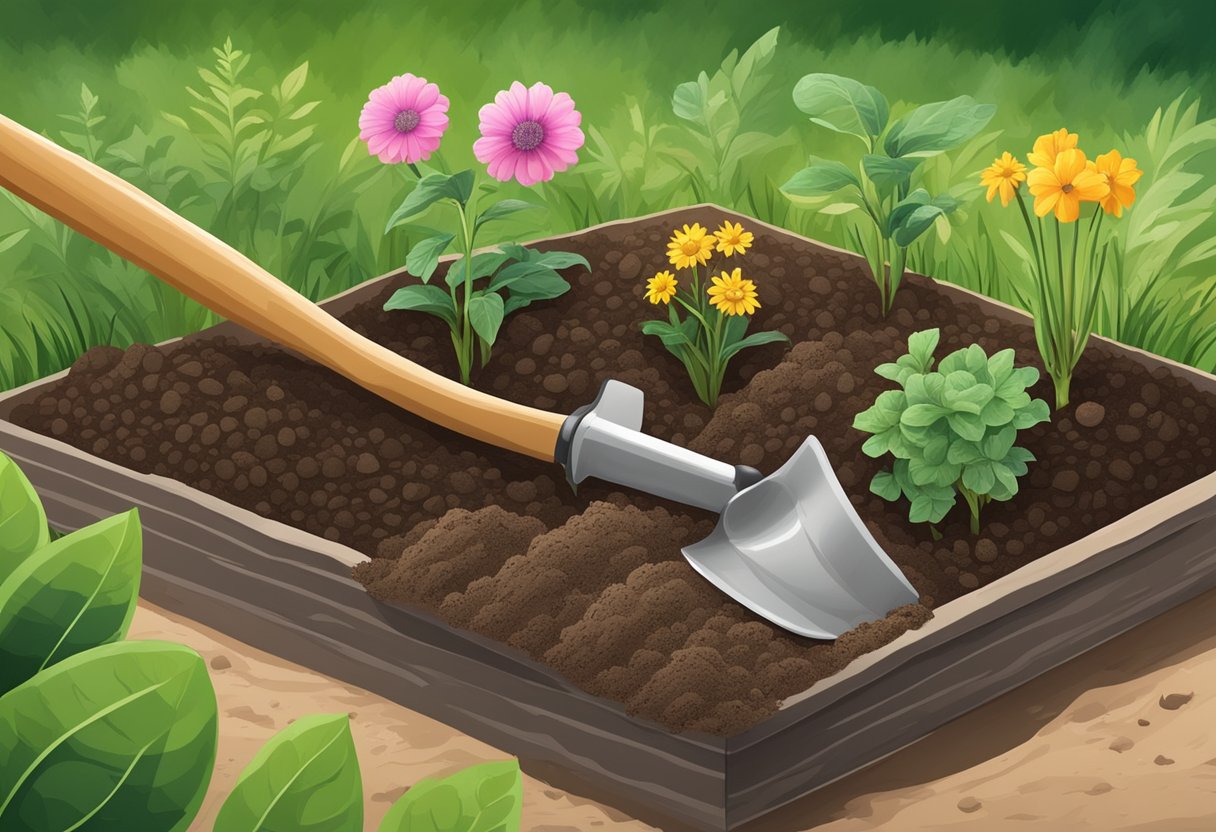 A garden bed with different soil types labeled (sandy, clay, loamy). A shovel and soil testing kit nearby. Sunlight and plants in the background