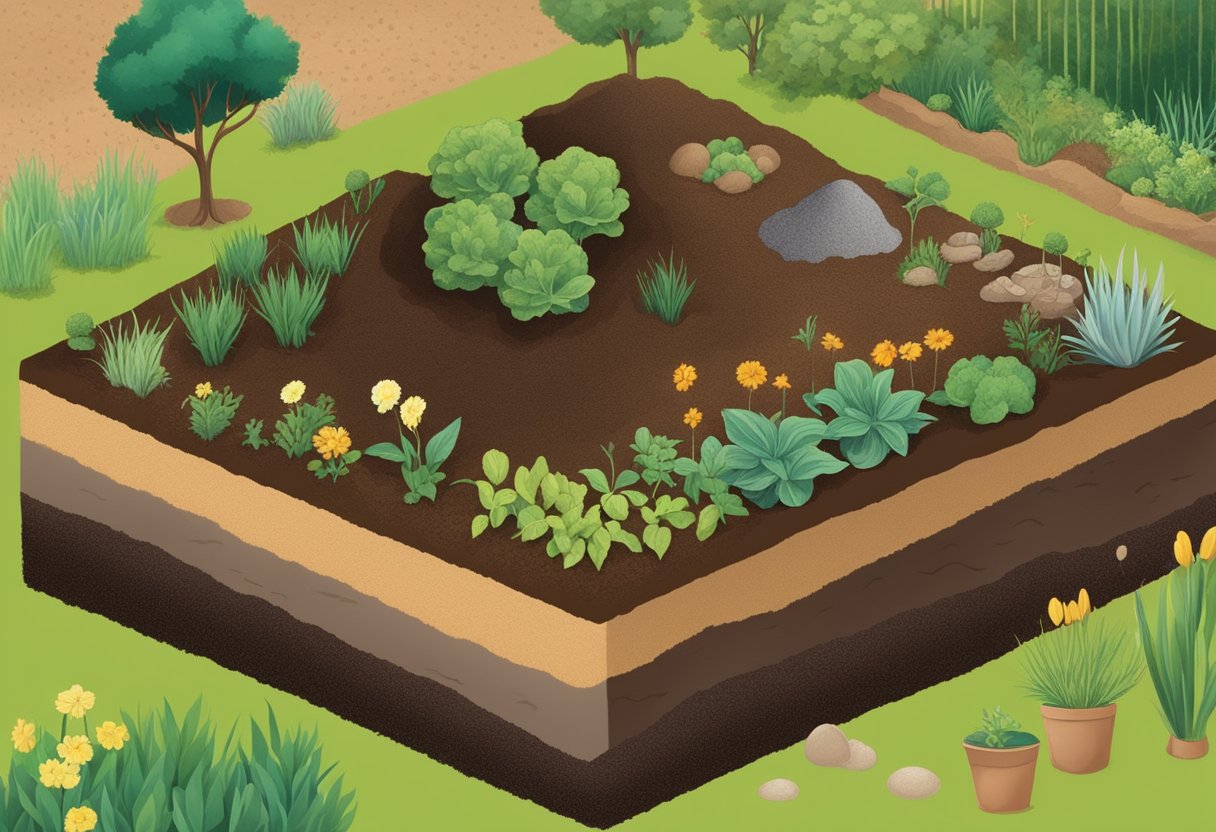 A garden with various soil types labeled, showing sandy, loamy, and clay soils. Compost and organic matter are being added to improve soil quality