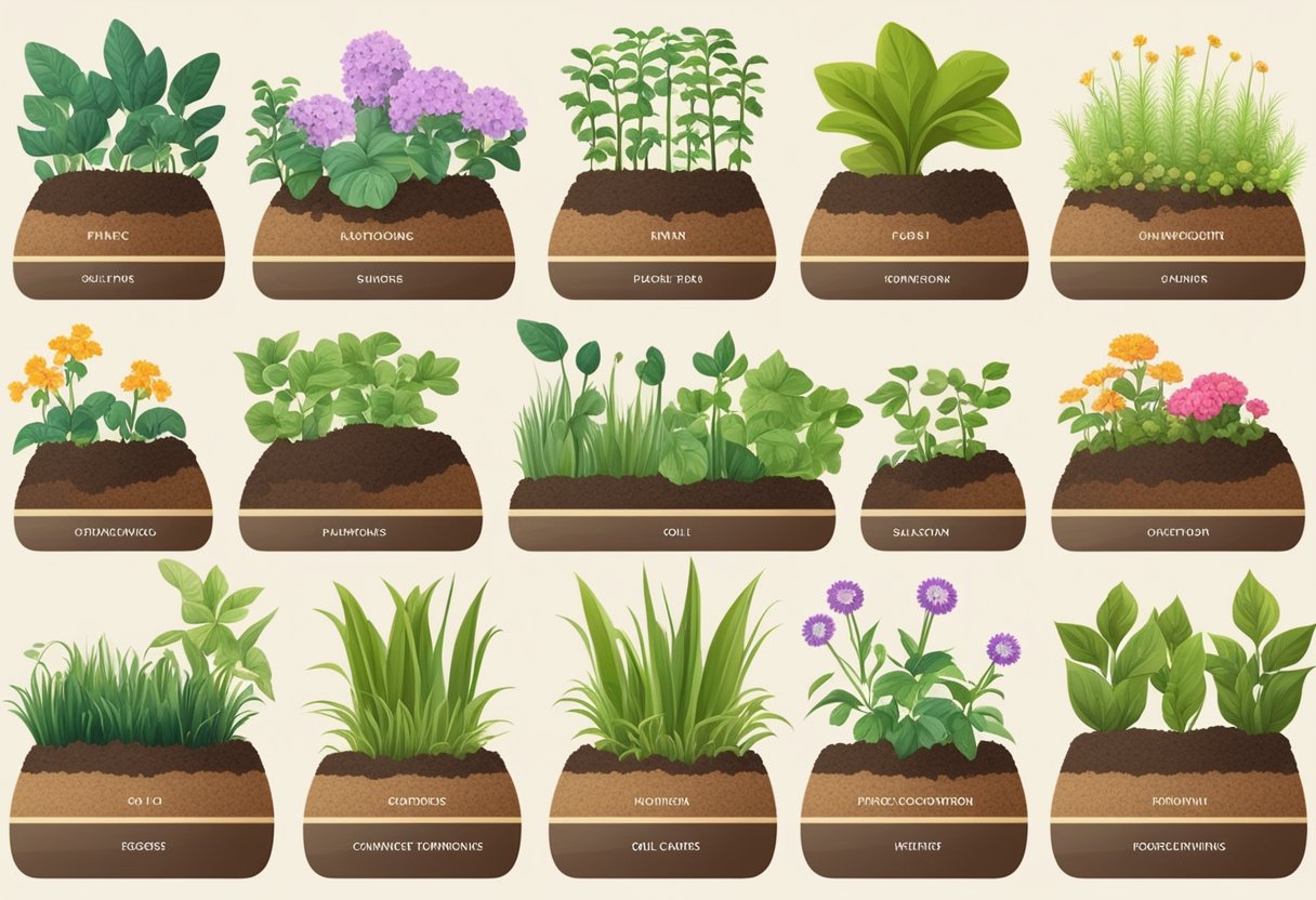 Lush garden with various soil types labeled. Plants thriving in corresponding soil. Visual guide for choosing plants based on soil type