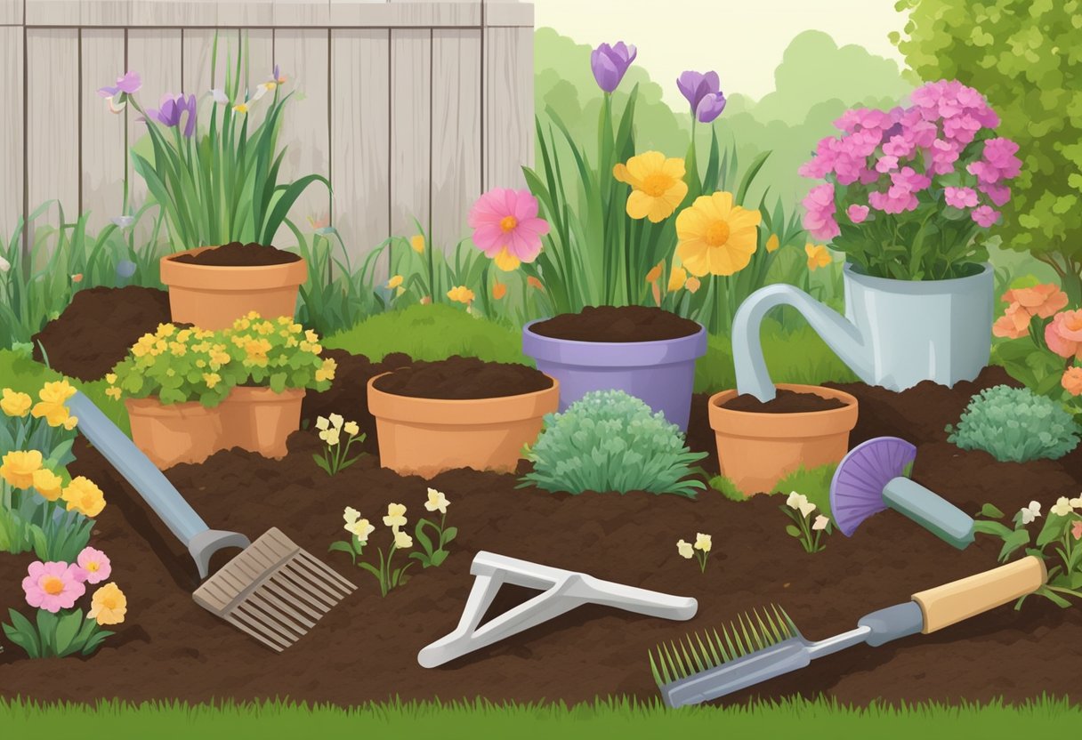 A garden with blooming flowers, freshly tilled soil, and a variety of gardening tools laid out for spring planting