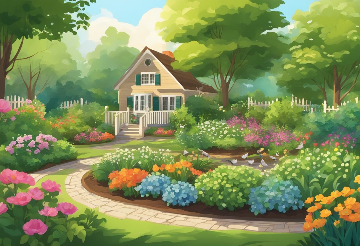 Lush green garden with blooming flowers, fresh mulch, and newly planted vegetables. Sunlight filters through the trees, birds chirp, and a gentle breeze rustles the leaves