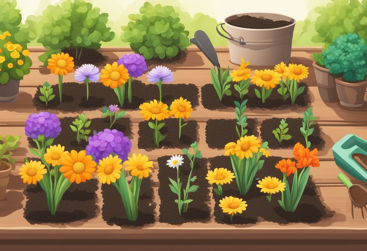 A sunny garden with various seeds being planted in neat rows, surrounded by gardening tools and bags of soil. Bright flowers bloom nearby