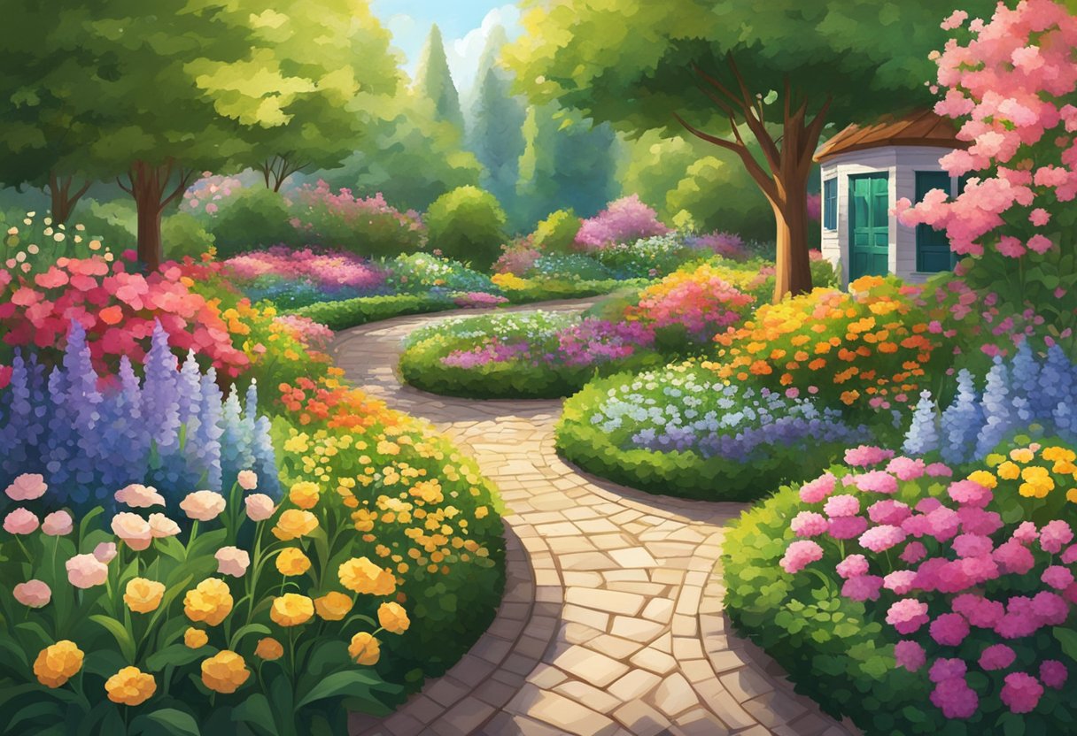 Lush garden beds bursting with colorful blooms and thriving greenery, surrounded by neatly trimmed pathways and vibrant spring sunshine