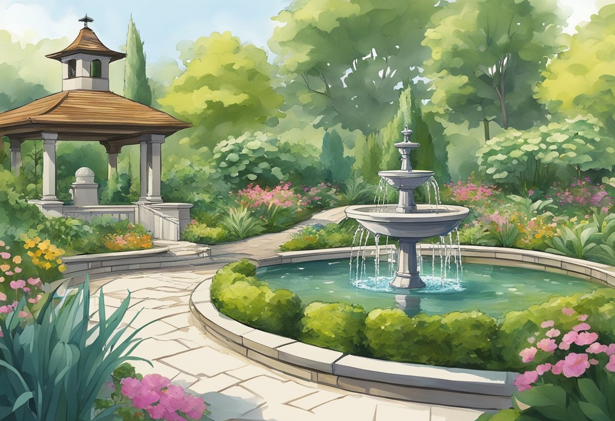 A lush garden with a variety of plants, well-defined pathways, and strategically placed focal points such as a fountain or sculpture. The design should incorporate balance, harmony, and unity in its layout