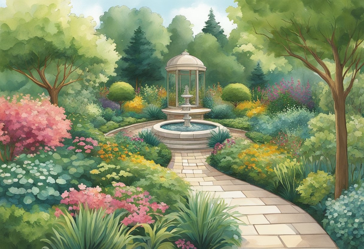 A lush garden with varied textures, colors, and heights. Pathways wind through the space, leading to focal points like a water feature or seating area. Well-defined borders and carefully chosen plants create a sense of balance and harmony