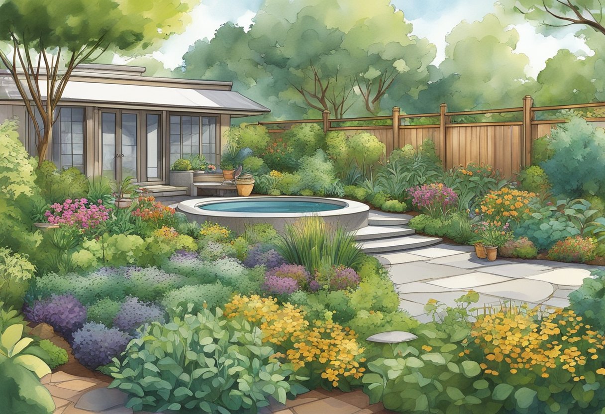 A lush garden with diverse plants, pathways, and seating areas. Water features and sustainable elements like compost bins and rain barrels. Well-maintained and harmonious design