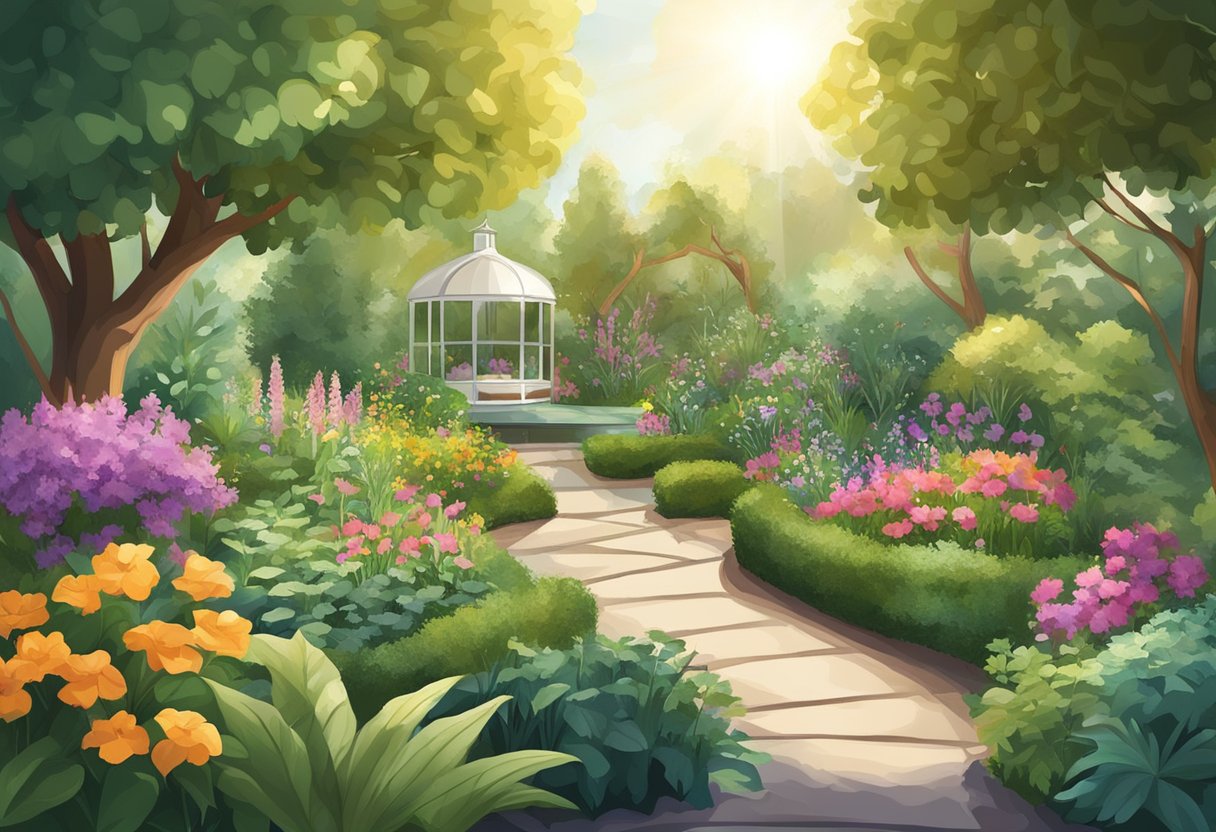 Lush garden with diverse plants, labeled with care instructions. Sunlight filters through the leaves, creating a peaceful and welcoming environment