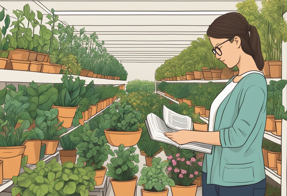 A person browsing through rows of potted plants, examining their leaves and blooms, while holding a gardening book titled "How to Choose the Right Plants for Your Garden: A Beginner's Guide"