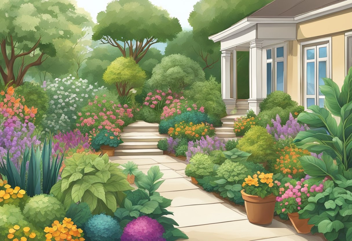 A variety of plants arranged in a well-organized garden layout, with different colors, shapes, and sizes, creating a visually appealing and balanced composition