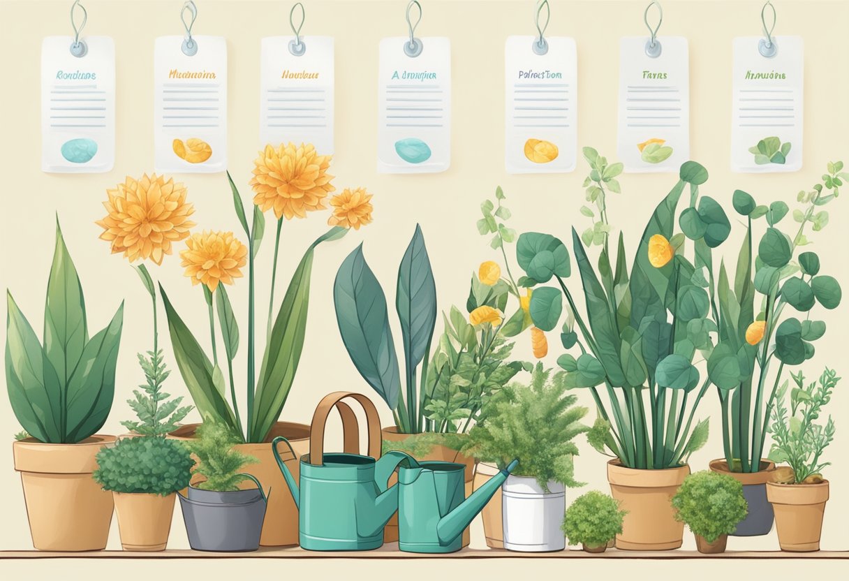 A variety of plants arranged in rows, with labels indicating their names and care instructions. A watering can and gardening tools are nearby