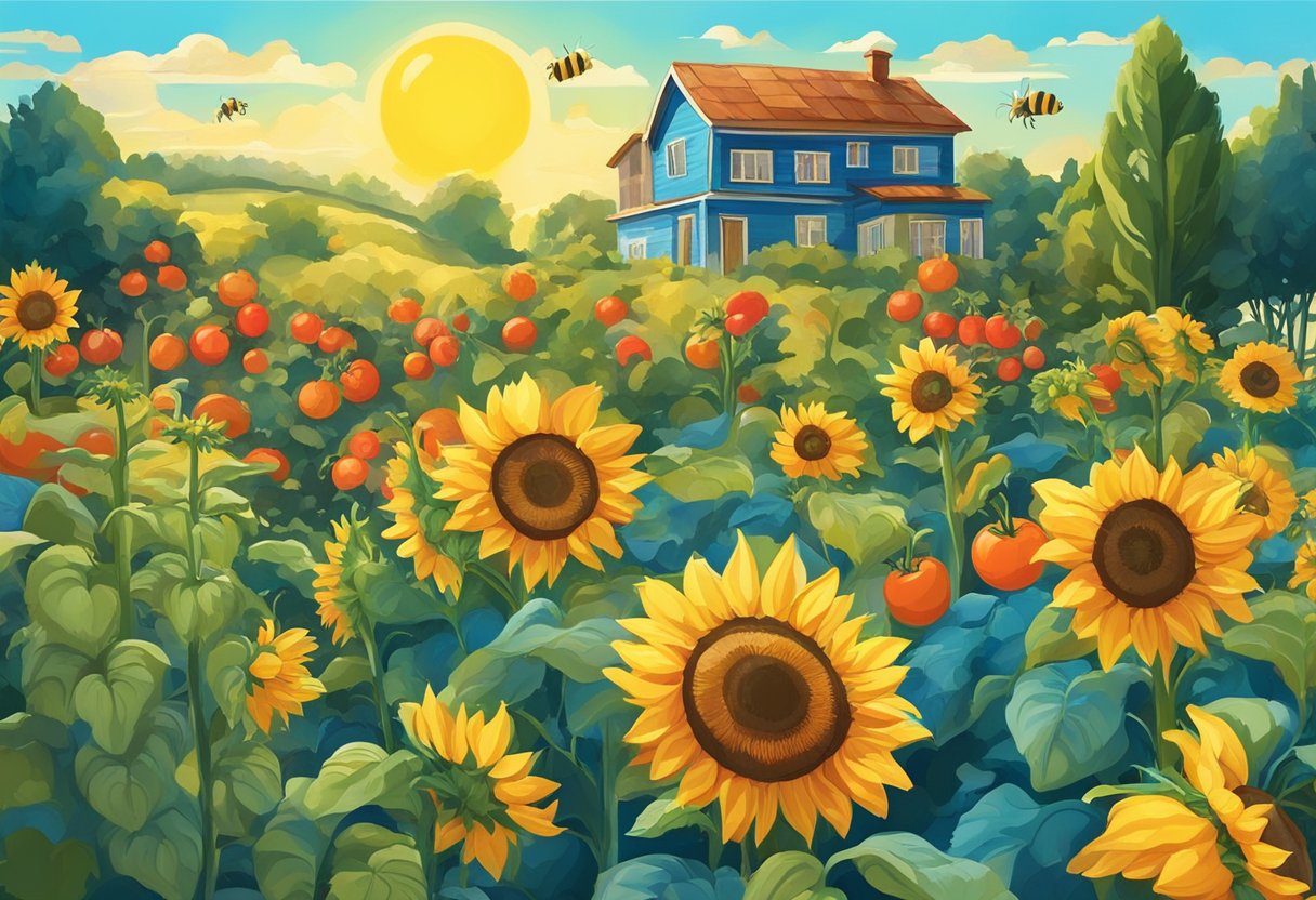 Lush garden with sunflowers, tomatoes, and zucchinis. Bees buzzing around vibrant flowers. Bright blue sky and warm sunshine