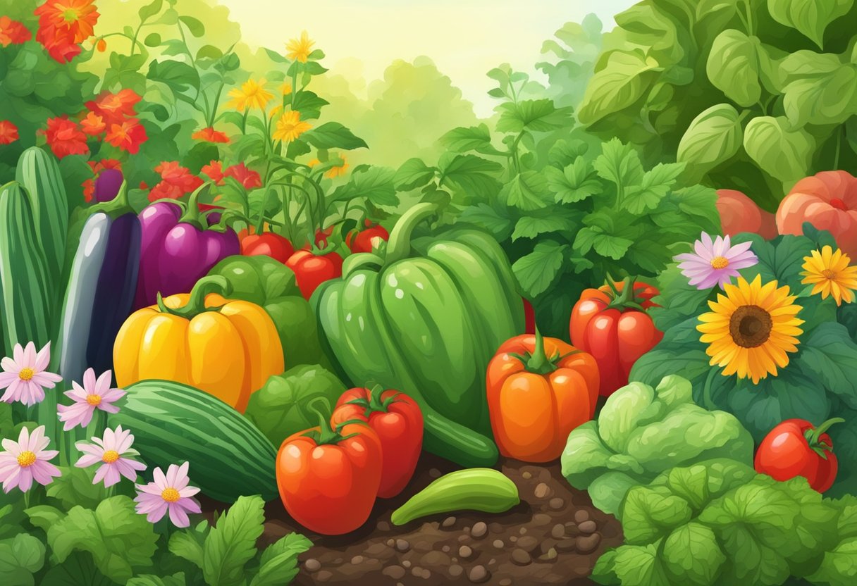 Lush green garden with vibrant vegetables thriving in the summer sun and rich, fertile soil. Tomatoes, peppers, and cucumbers flourish alongside colorful flowers