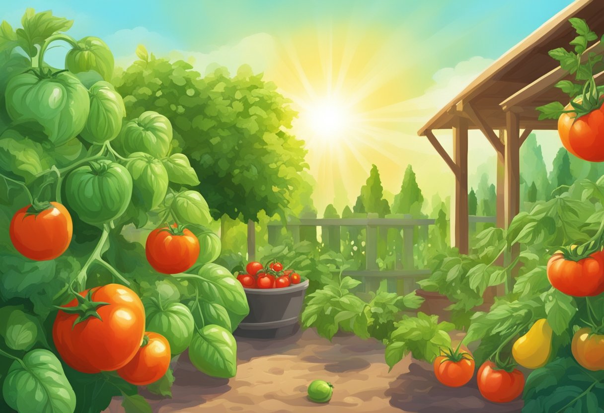 Lush garden with vibrant tomatoes, peppers, and cucumbers growing under the warm summer sun. Green leaves and ripe vegetables fill the scene