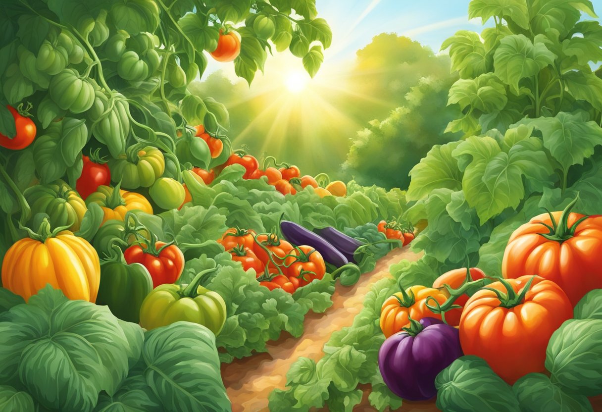 Lush green garden with ripe tomatoes, vibrant peppers, and sprawling squash. Sunlight filters through the leaves, highlighting the bounty of summer vegetables