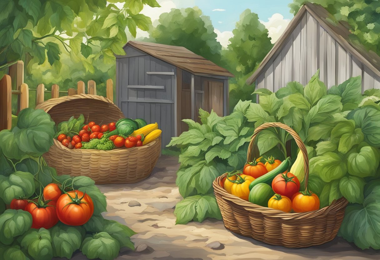 Lush garden with ripe tomatoes, vibrant peppers, and plump zucchinis. A basket overflows with fresh produce, while a root cellar stands nearby for storage