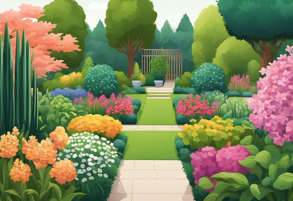 A variety of plants arranged in a garden, showcasing different colors, shapes, and sizes. Some are blooming flowers, others are lush green shrubs and trees. The garden is well-organized and visually appealing