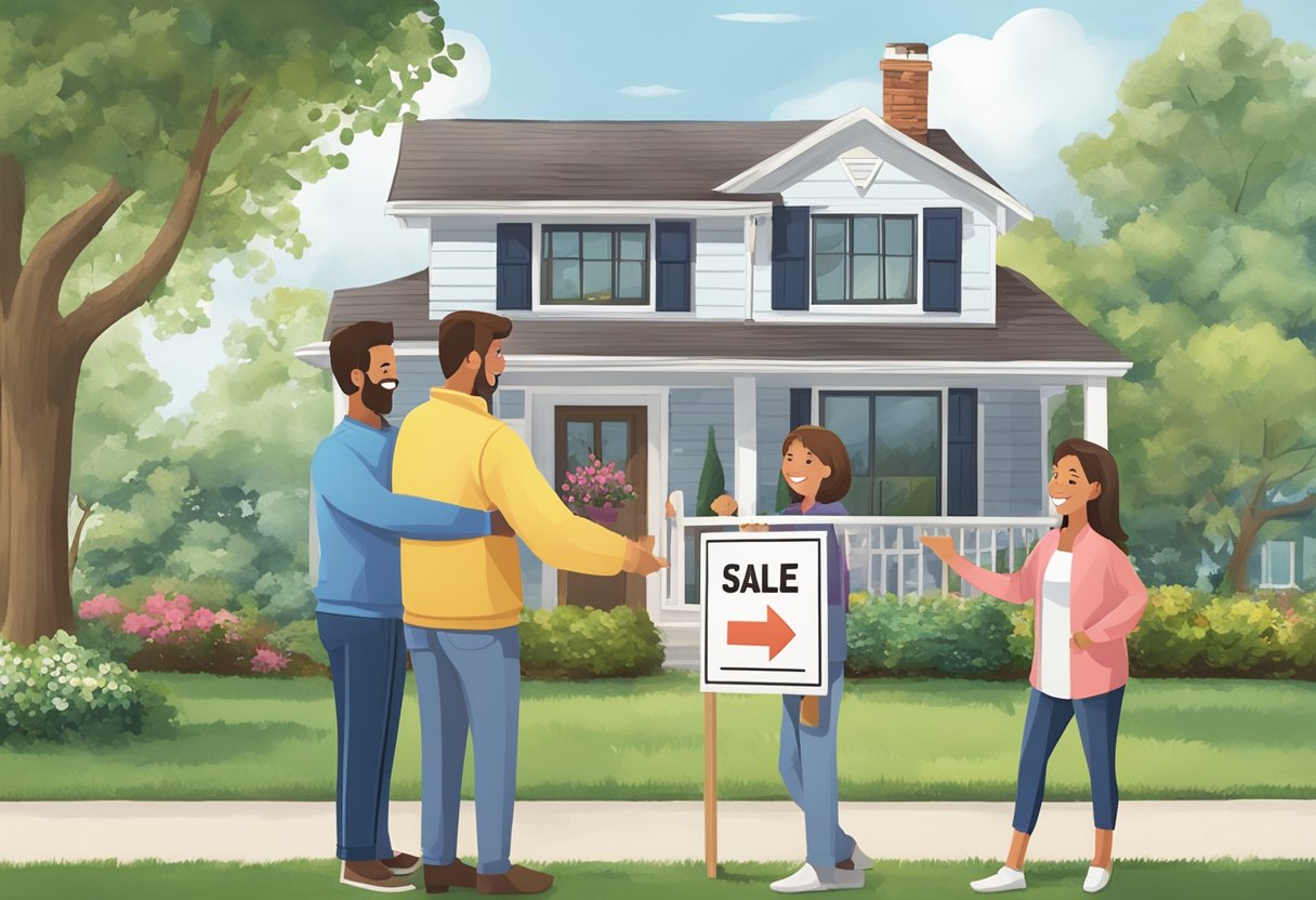A smiling family stands in front of a "For Sale" sign, shaking hands with a professional realtor in front of a charming suburban home in Livonia
