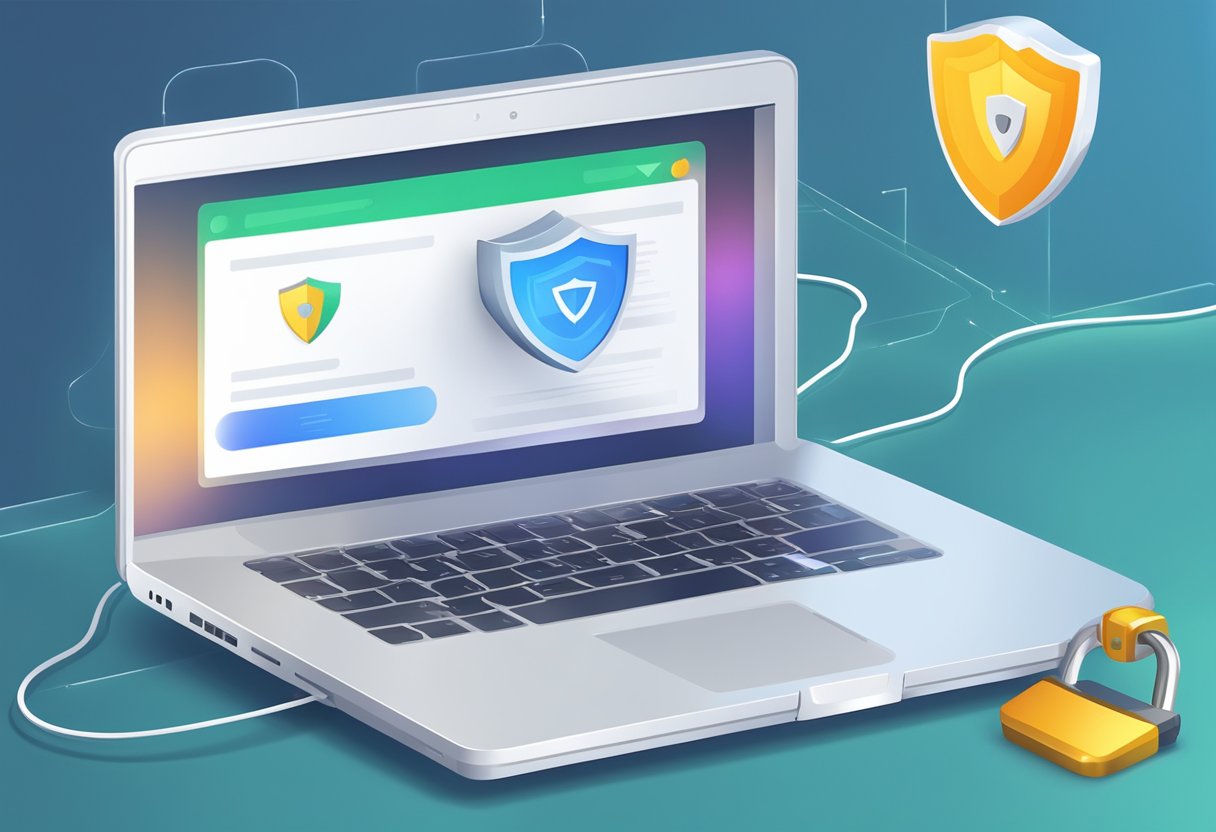 A laptop connected to a VPN, transferring files securely over a network. Lock icon and shield symbolize protection