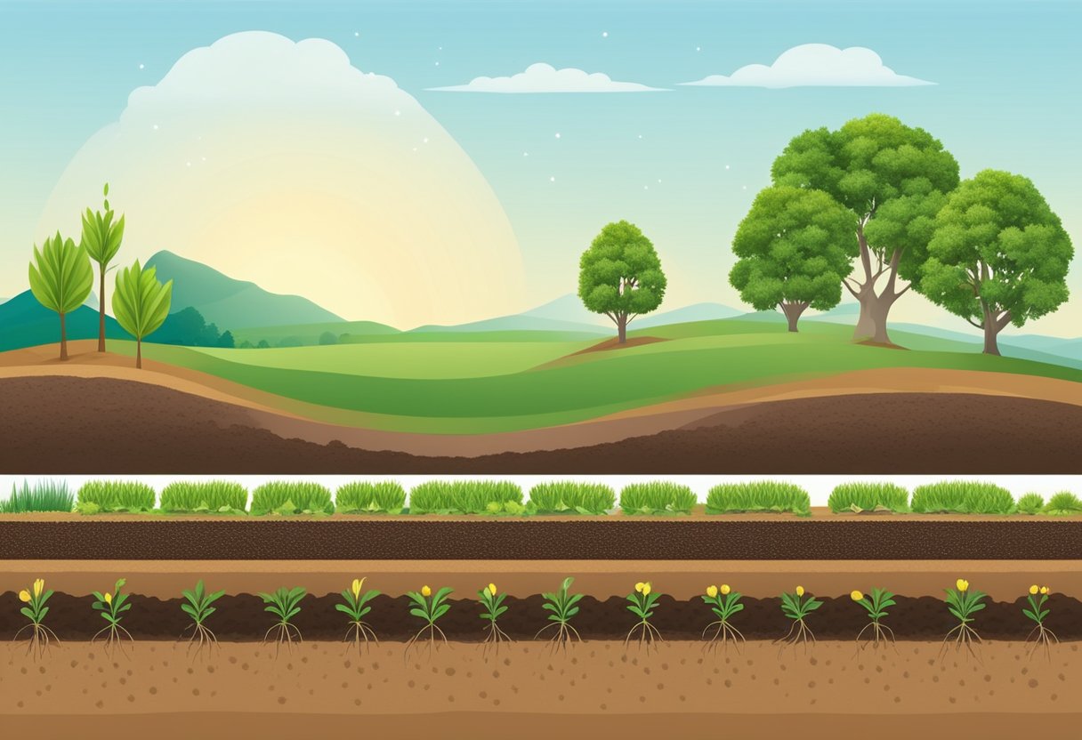 Seeds being sown into fertile soil, with a backdrop of a changing seasonal landscape, showcasing the different stages of growth and transplanting