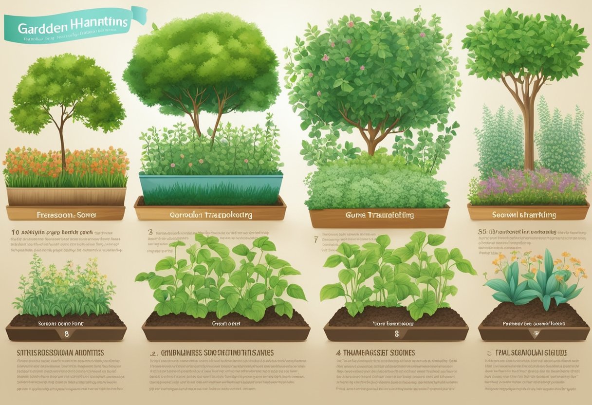 A garden with various plants in different stages of growth, surrounded by a chart showing plant hardiness zones and a seasonal guide for sowing seeds and transplanting