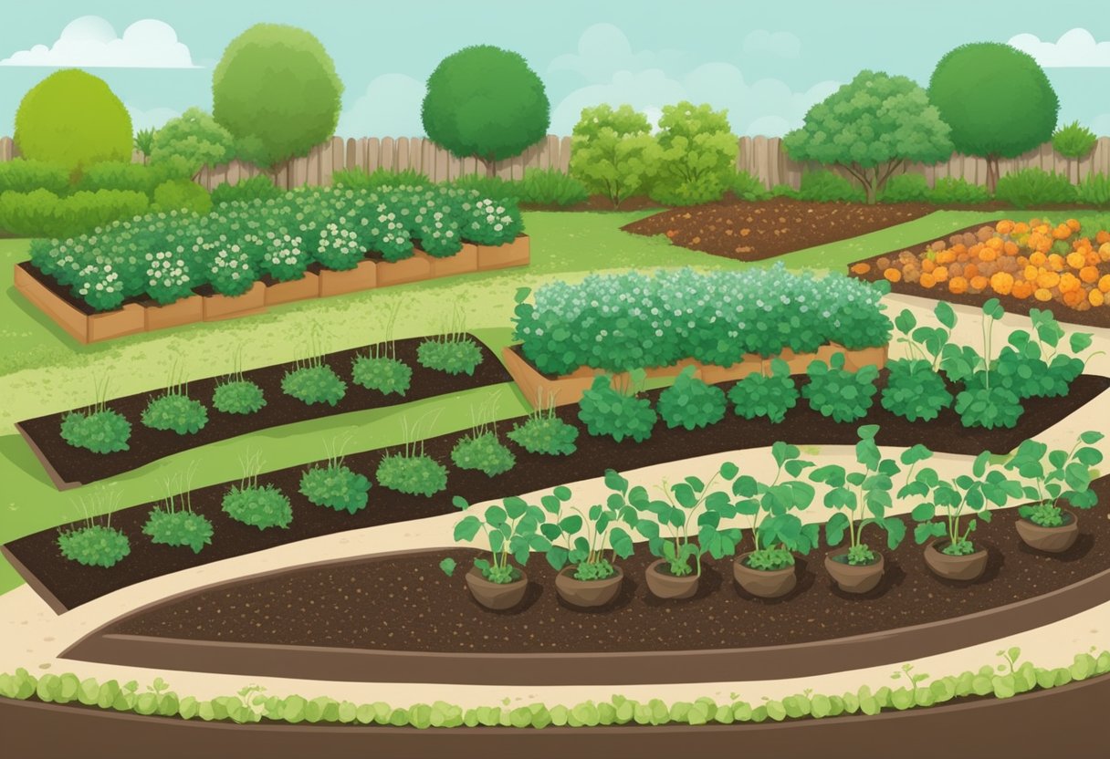 A garden bed with rows of freshly sown seeds and young transplants, surrounded by a calendar showing the current season