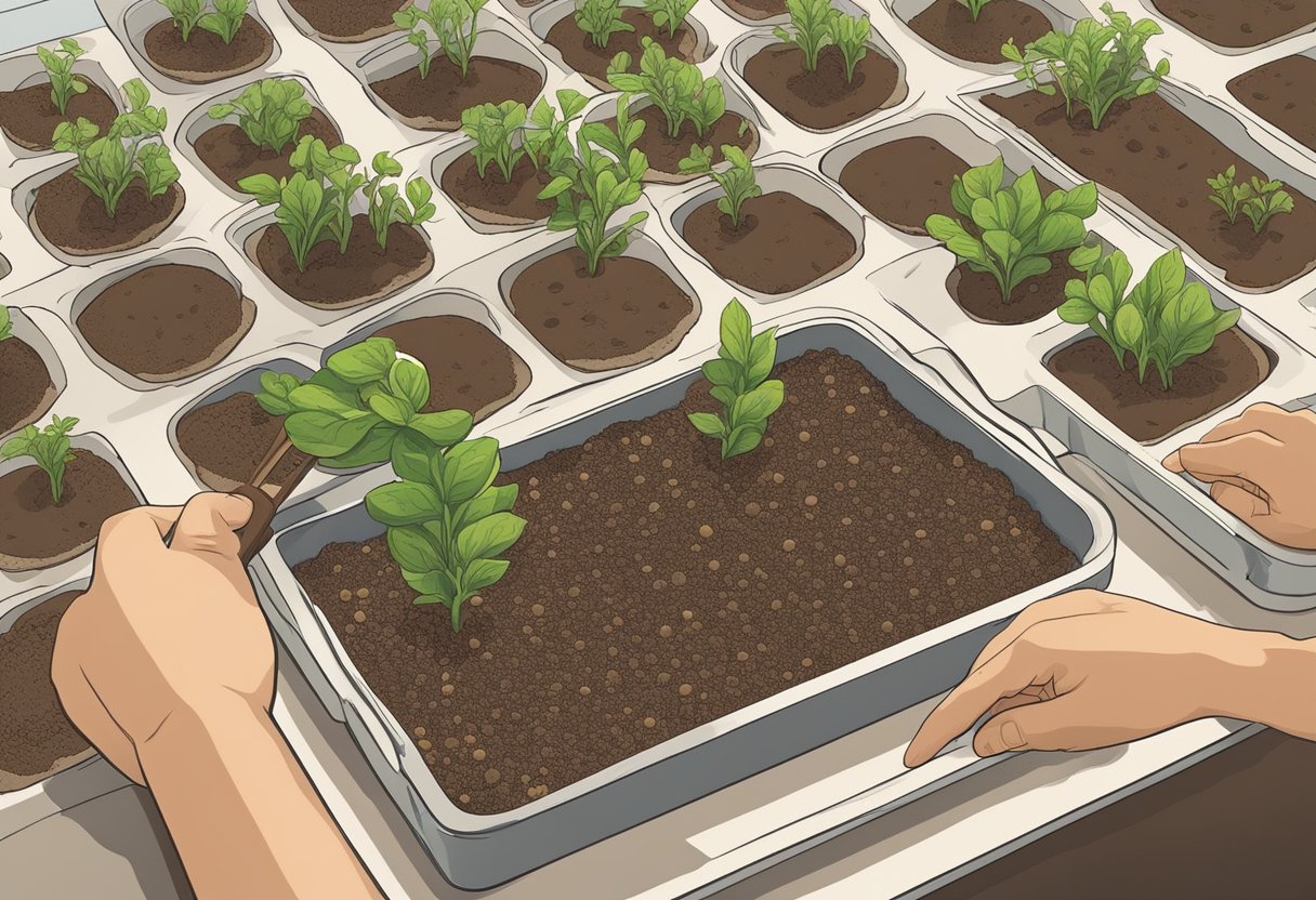 A hand reaches into a tray of soil, carefully placing tiny seeds into individual cells. A calendar on the wall shows the optimal planting dates for various crops