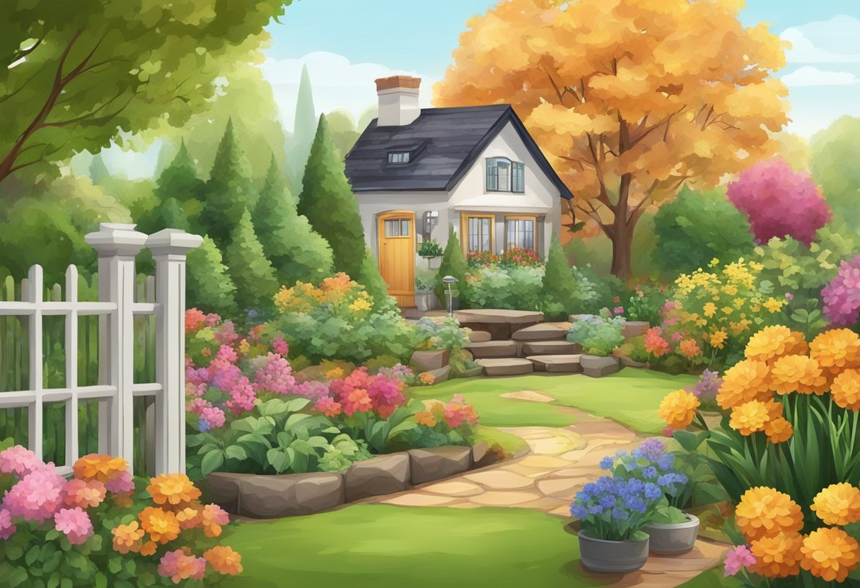 A garden with colorful flowers and green foliage, with a variety of tools and supplies nearby for fall preparation