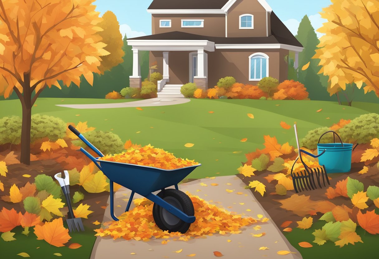 A garden with colorful autumn foliage, scattered leaves, and a wheelbarrow filled with gardening tools. Pruning shears, a rake, and a pile of compost bags are nearby