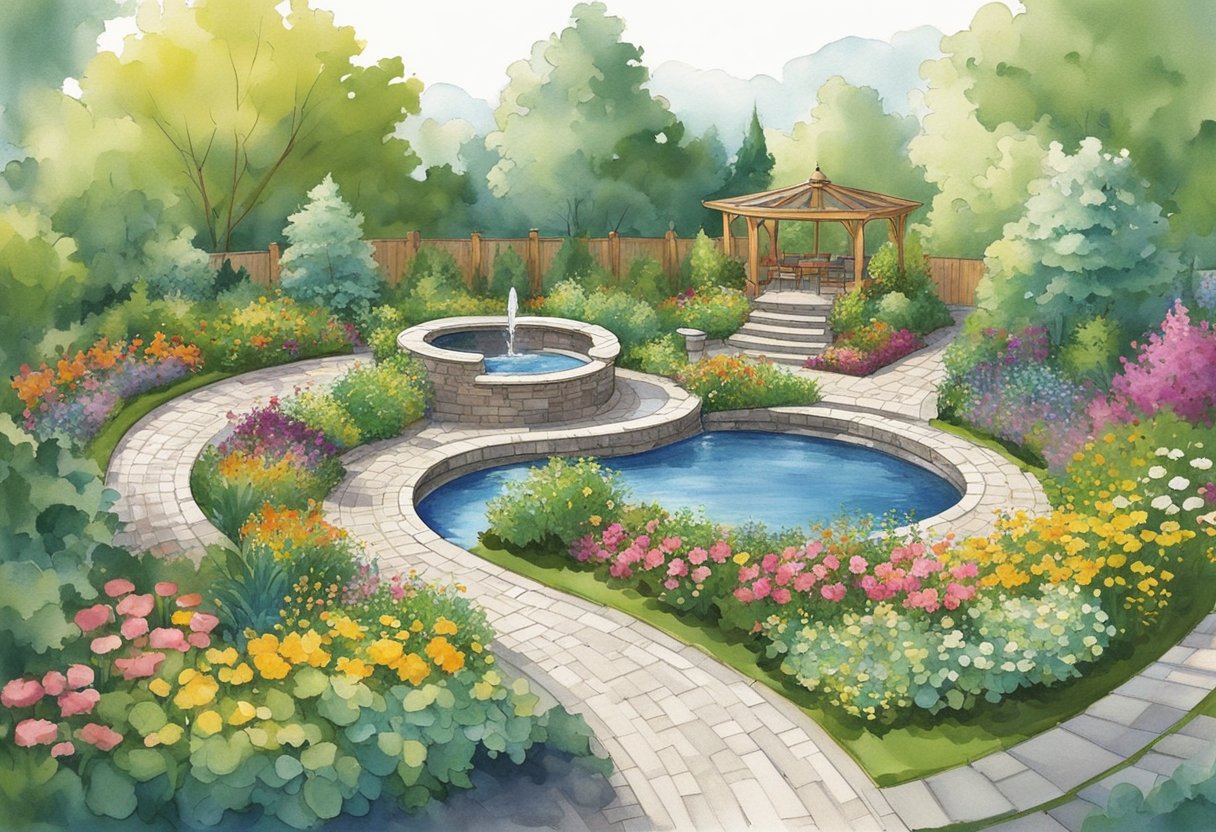 A lush garden with winding paths, colorful flowers, and strategically placed seating areas. A water feature adds tranquility, while raised beds provide space for growing vegetables and herbs