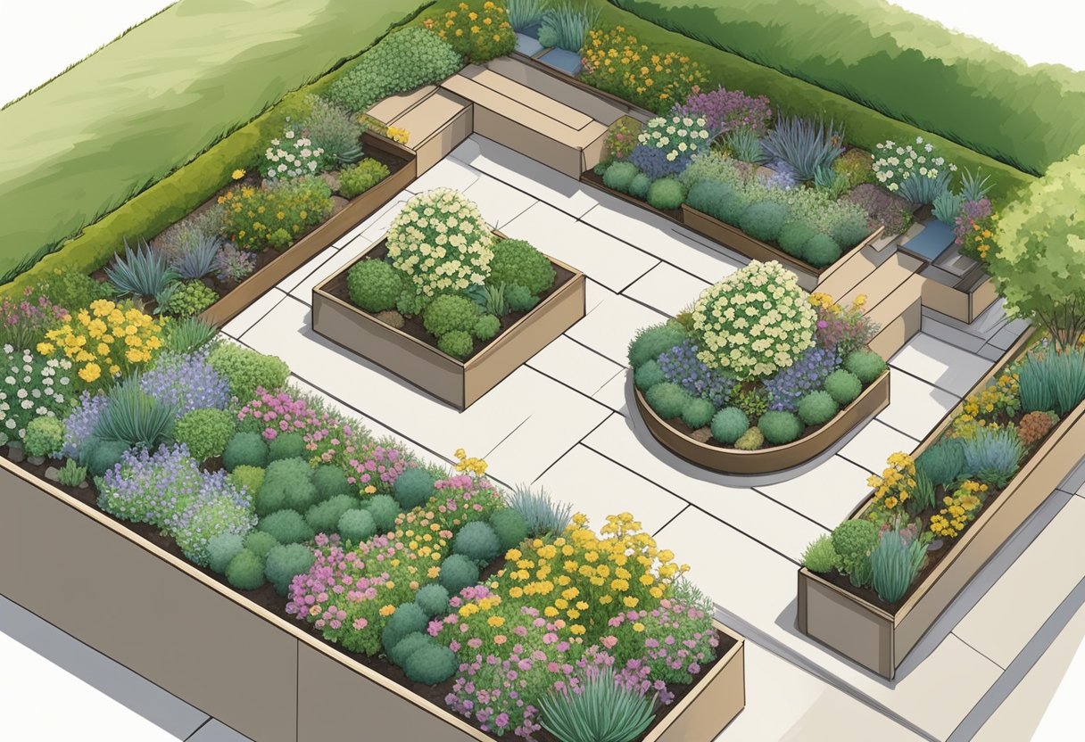 A bird's-eye view of a garden layout with pathways, raised beds, and seating areas. Various plants and flowers are strategically placed for both aesthetics and functionality