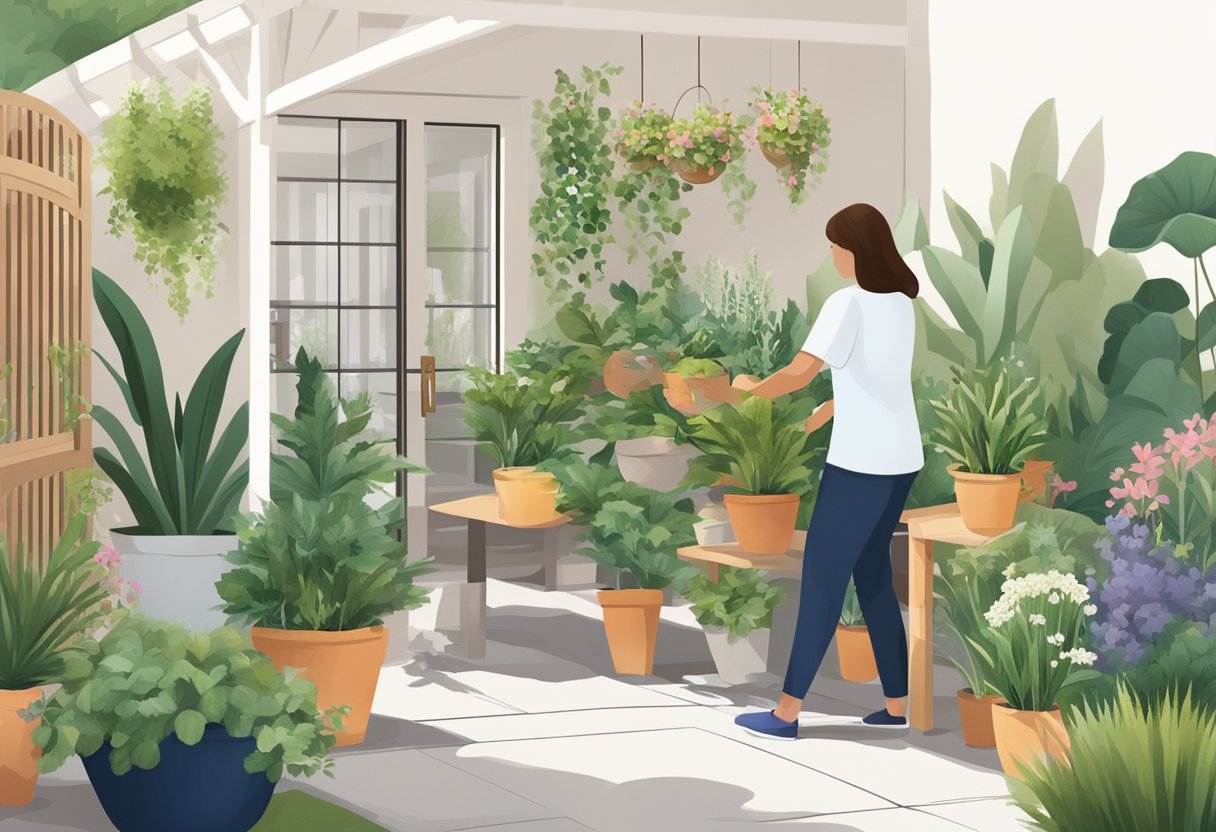 A person arranging plants and garden elements in a functional and beautiful outdoor space