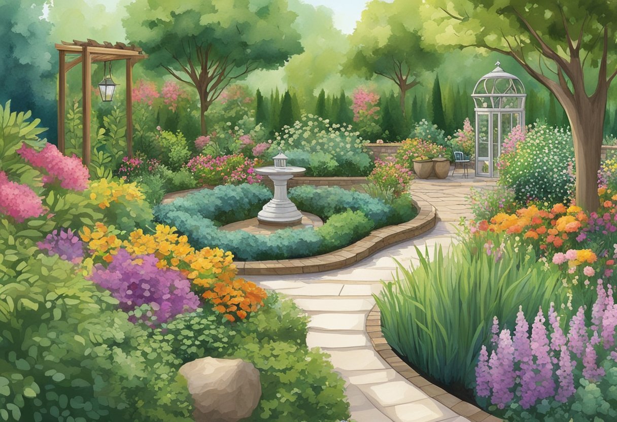 A well-organized garden with a variety of plants, pathways, and seating areas. A mix of colors and textures creates an inviting and harmonious space