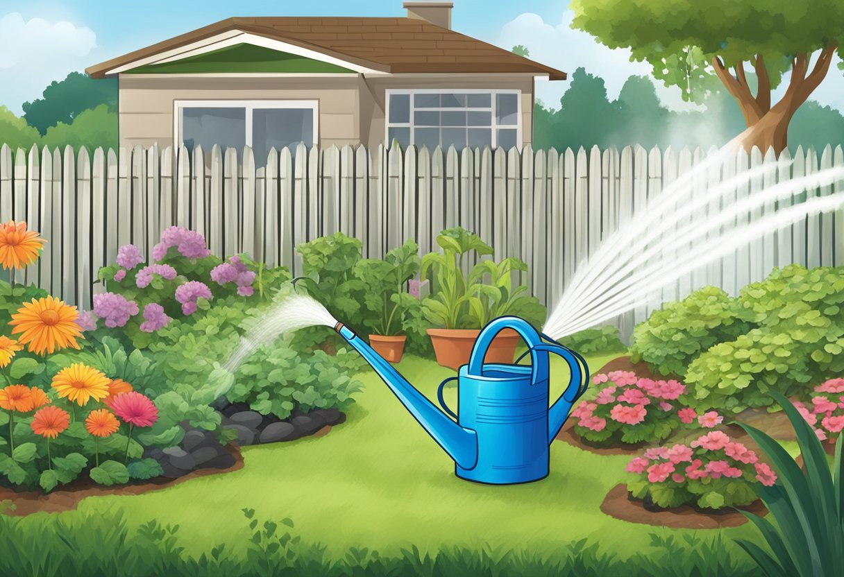 A garden hose spraying water onto a variety of plants, with a watering can nearby and a drip irrigation system in the background