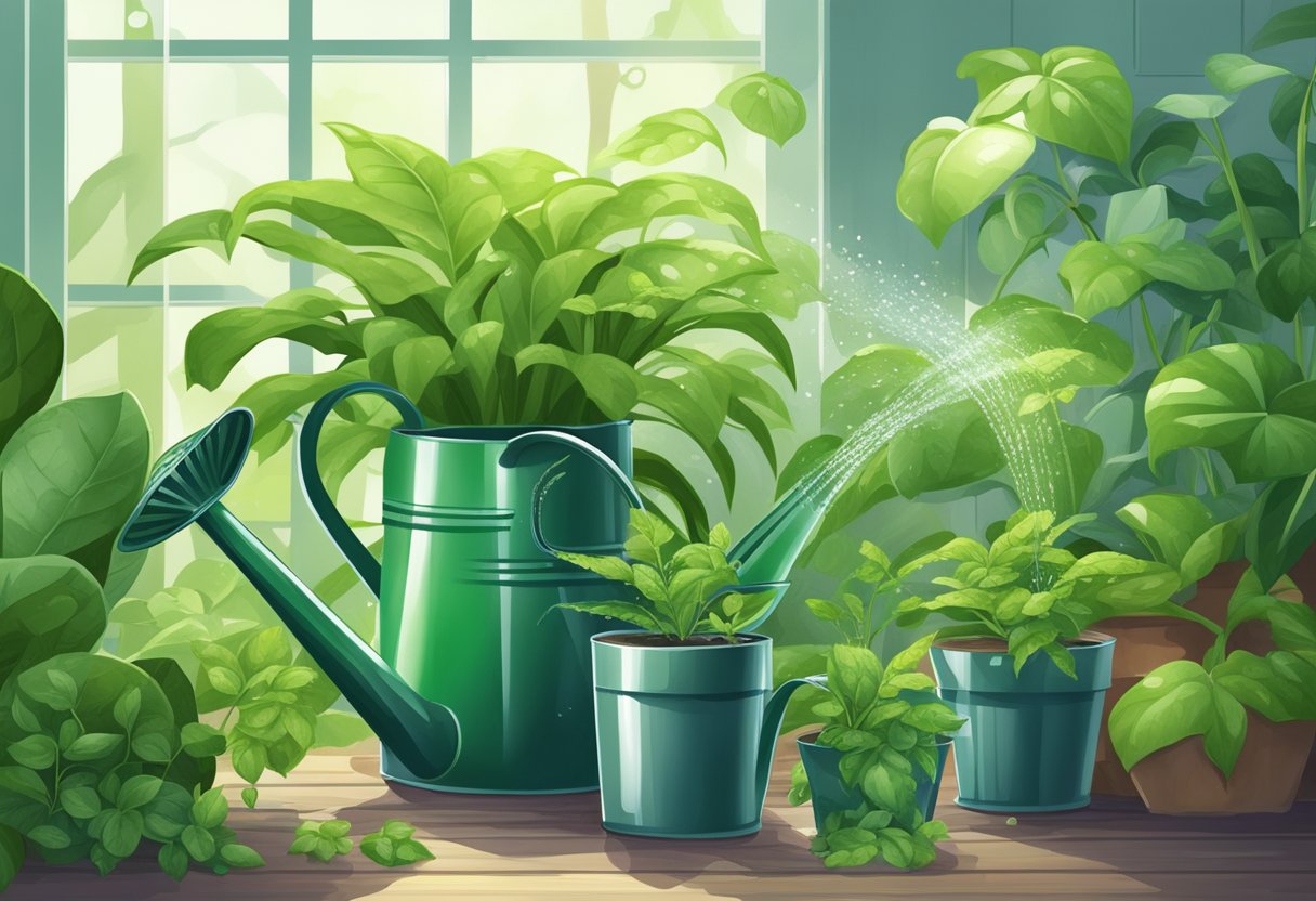 Lush green plants in various sizes and types, with droplets of water glistening on their leaves. A watering can and hose nearby, indicating different watering techniques