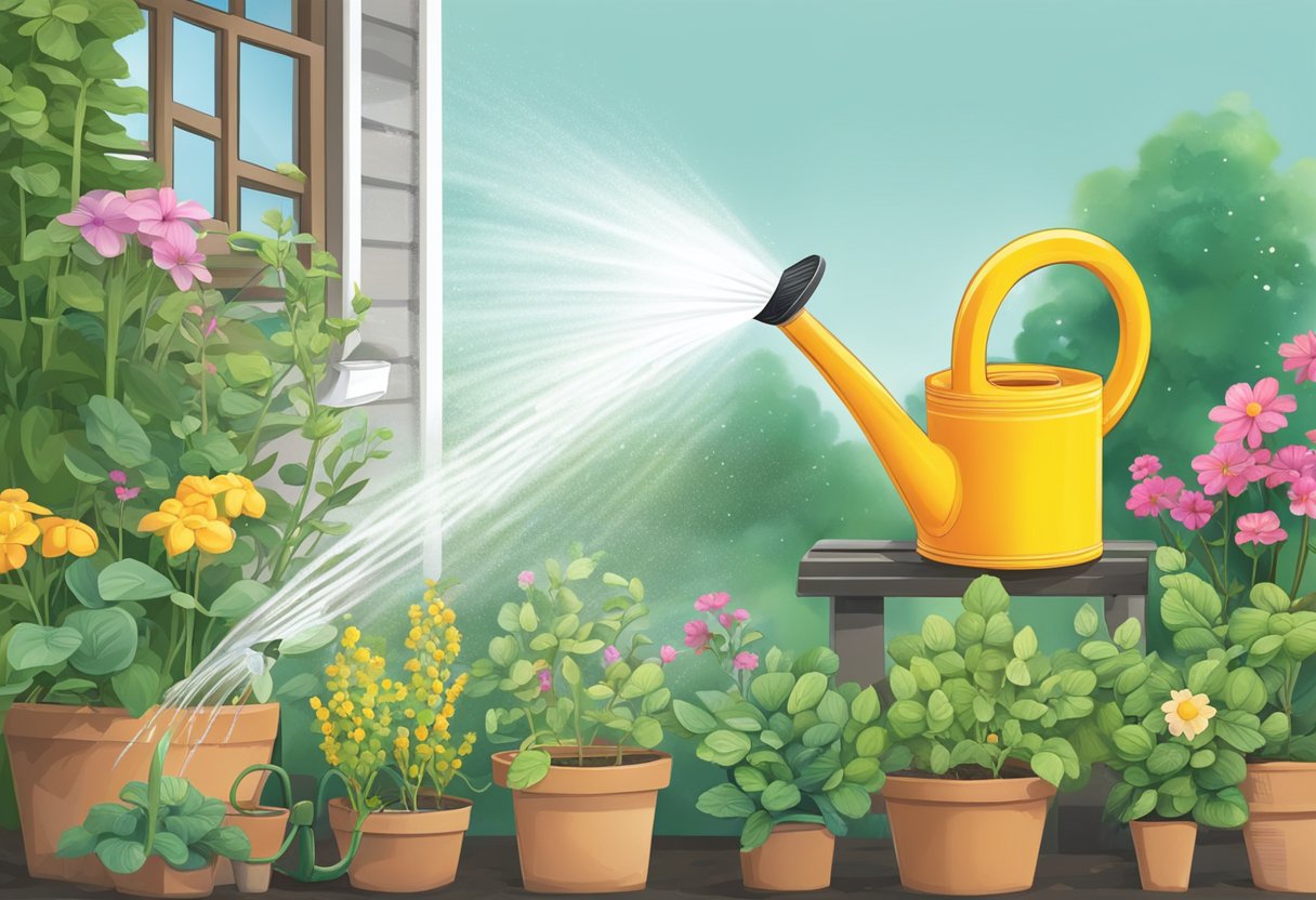 A garden hose spraying water onto a variety of plants, with a watering can and drip irrigation system nearby